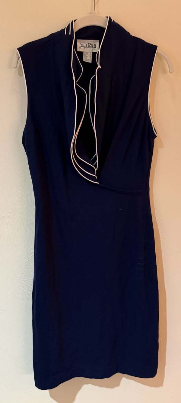 Joseph Ribkoff Dress 12 Navy Blue White Piping Sleeveless Sheath Draped Collar